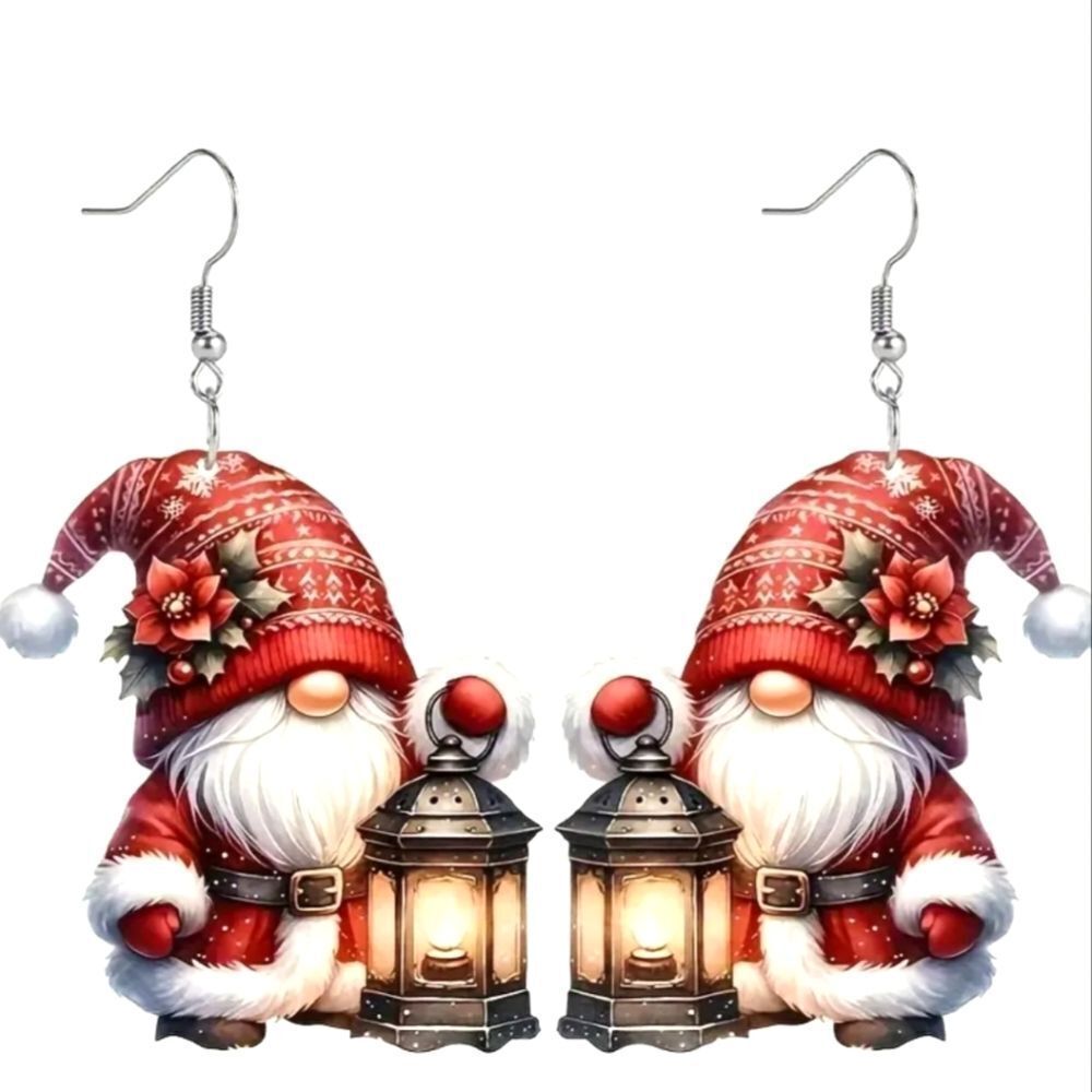 Santa Holding Lantern Festive Gnome Earrings For Adults And Kids